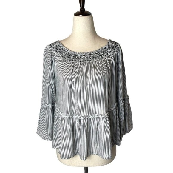 American Eagle Outfitters Blue And White Striped Smocked Neck Blouse Size S - Picture 1 of 9